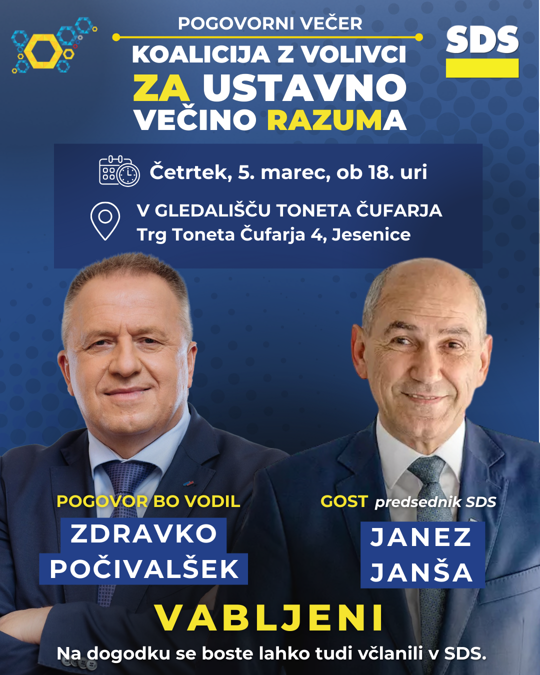 Pogovorni večer na Jesenicah: Gost bosta Janez Janša in Zdravko Počivalšek